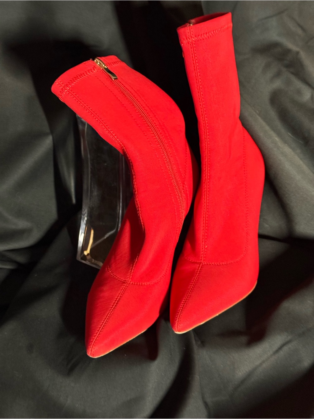 Red Pointed Toe Stretch Sock Boot with Clear Block Heel
